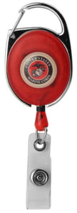 U.S. Marine Corps Logo on Red Executive Retractable Badge Holder with Carabiner Clip
