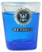 U.S. Navy  Retired Crest Logo on Clear/Blue Shot Glass