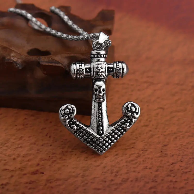 Mens Navy Anchor Cross Design Pendant Necklace (Punk Style)